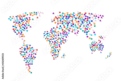 A sketchy world map made of multi-colored rhinestones in the form of stars. The concept of global holidays  New Year  Christmas. White background  minimalism. The approximate outline.