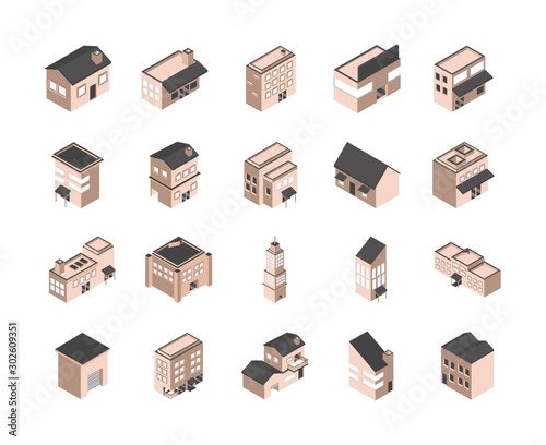 building isometric style icons set