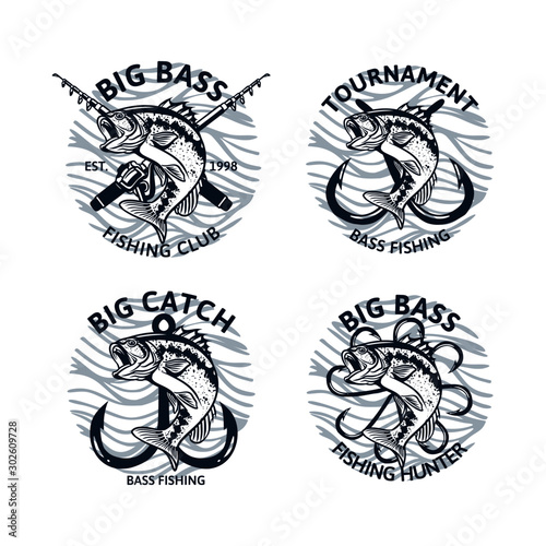 set of largemouth bass fishing logo club tournament big catch, vintage emblem badge