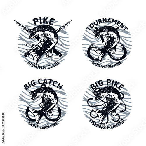 set of northern pike fishing logo club tournament big catch, vintage emblem badge