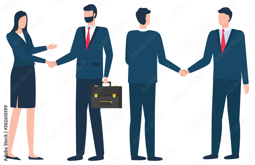 People meeting at conference vector, man and woman flat style characters making deals. Handshake of businessman and businesslady, personage carrying briefcase with documents contracts papers People meeting at conference vector, man and woman flat style characters making deals. Handshake of businessman and businesslady, personage carrying briefcase with documents contracts papers
