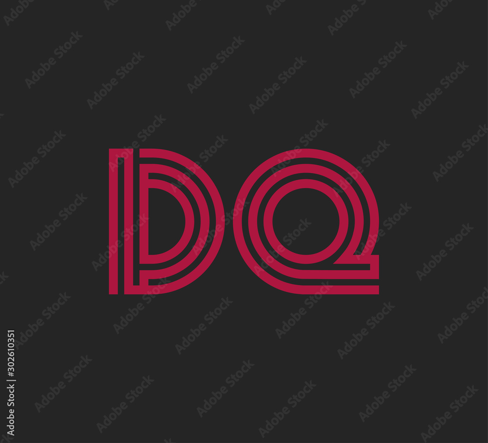 Initial two letter red line shape logo on black vector DQ