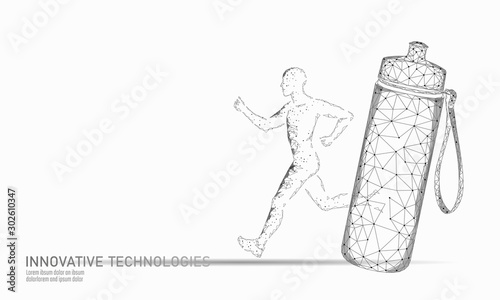 Water aqua bottle athletic woman rehydration concept. Health care against dehydration isotonic electrolytes drink. Fitness shape workout gym slim fit exercise. Low poly 3D vector illustration