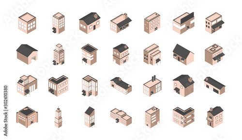 building isometric style icons set