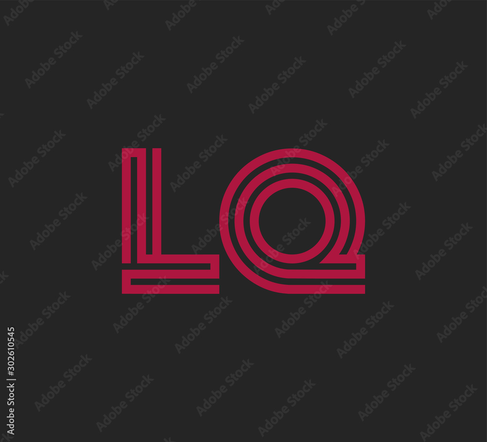 Initial two letter red line shape logo on black vector LQ