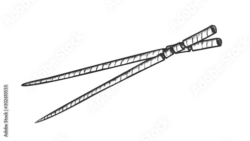 Wooden Chopsticks Eating Tool Monochrome Vector. Asian Traditional Kitchenware Chopsticks. Bamboo Sticks Engraving Concept Template Hand Drawn In Vintage Style Black And White Illustration