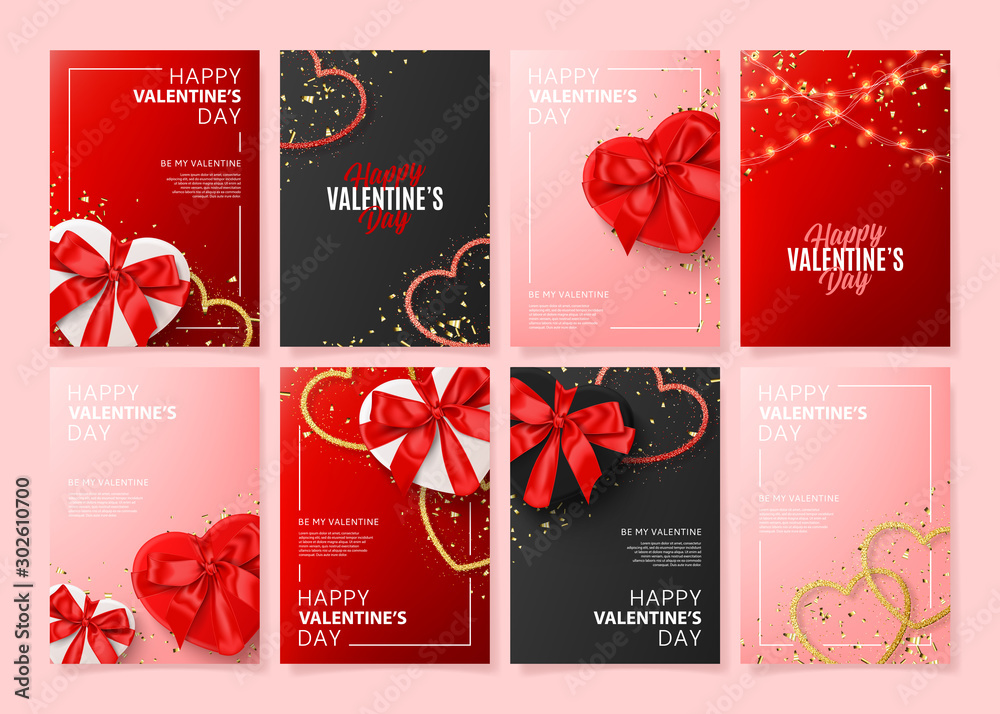 Set of Happy Valentine's Day posters. Vector illustration with realistic Valentine's Day attributes and symbols. Brochures design for promo flyers or covers in A4 format size. - obrazy, fototapety, plakaty 