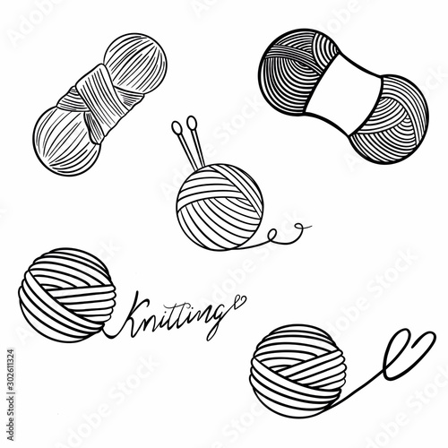 set of yarn ball icons. Illustration  of wool yarn with the label. Color: green, red, pink. For crocheting and knitting print, icons, logo, creative design. Isolated on white. 