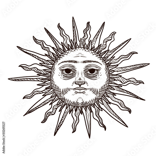 Engraving Drawing Illustration of Sun