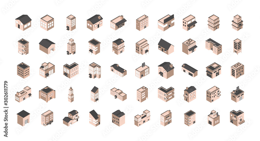 building isometric style icons set