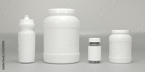 Whey protein container. Sport nutrition bottle. Sport supplements container bottle. Workout supplements in white pot 