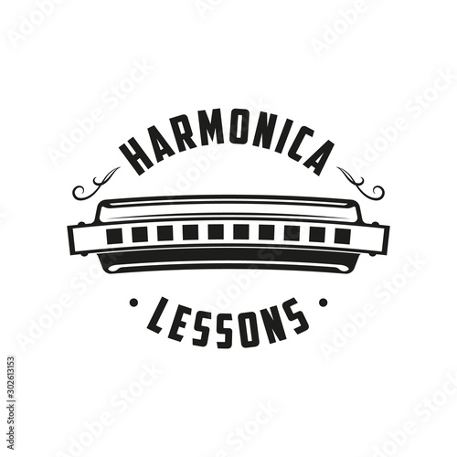 Harmonica lessons retro emblem. Vector logo