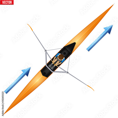 Racing shell and single rower for skull rowing sport. One oarsman athlete inside boat. Top view of Equipment for waters sport rowing. Vector Illustration isolated on white background.