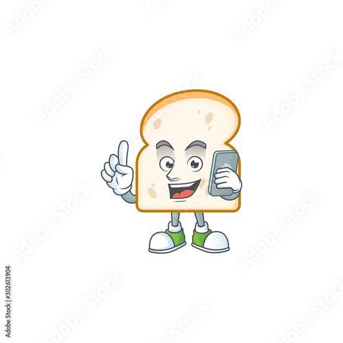 Cartoon a slice white bread with holding phone.