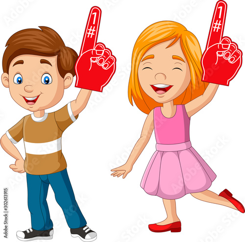 Cartoon boy and girl showing number one with foam finger