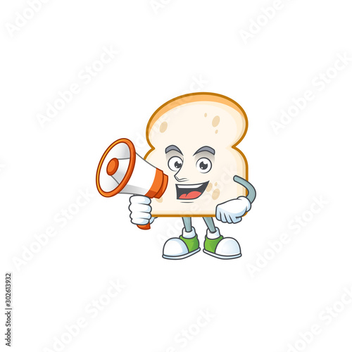 Cartoon a slice white bread with holding megaphone.