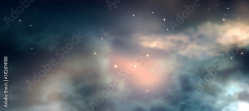 Fantasy futuristic astronomical background of magical deep night sky with shining stars constellation, mysterious astral clouds. Fantastic universe with outer space nebula glow, celestial sci-fi card.
