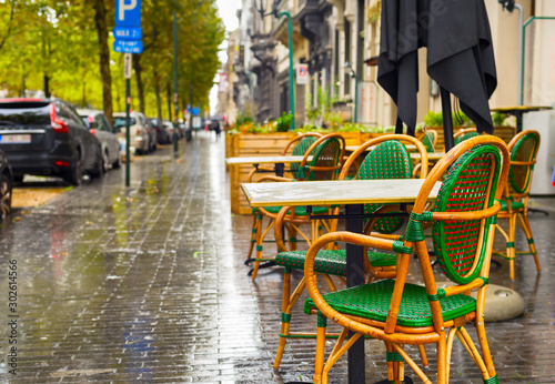 street restaurant rain Brussels, Belgium