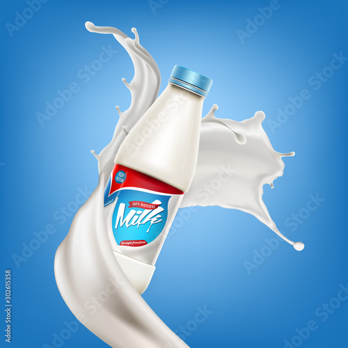 Vector milk bottle, ready mockup for your design. Beverage product concept background banner realistic illustration with milk or yogurt swirl and milk bottle.