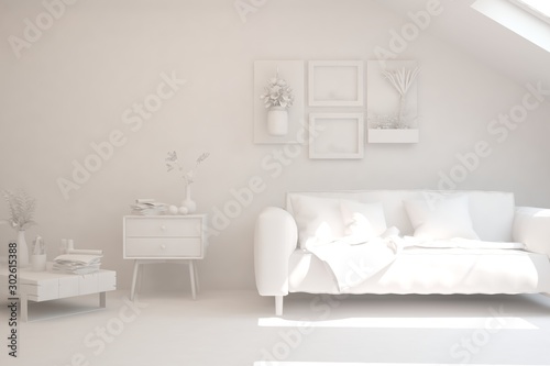 Mock up of stylish room in white color with sofa. Scandinavian interior design. 3D illustration