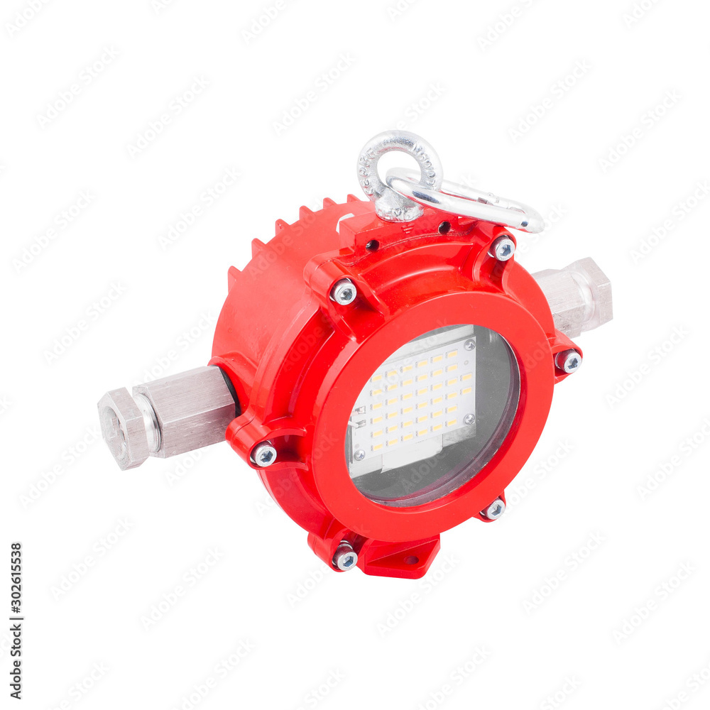 Red metal round energy saving LED industrial lamp for outdoor use isolated on white. Red metal round energy saving LED industrial lamp for outdoor use isolated on white.