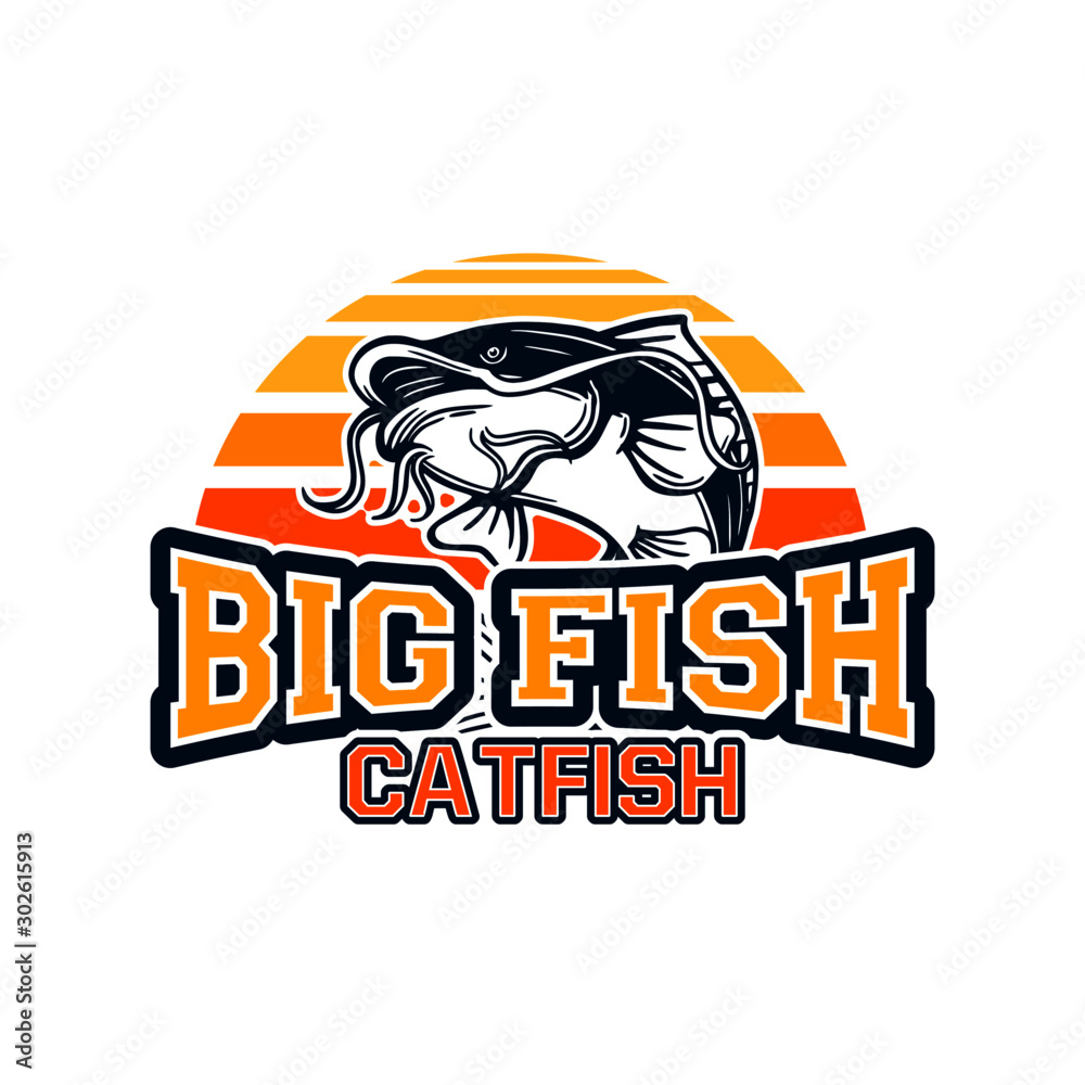 big fish catfish jump with background sun set for logo badge symbol sign fishing club. can also be used on t shirts big fish catfish jump with background sun set for logo badge symbol sign fishing club. can also be used on t shirts