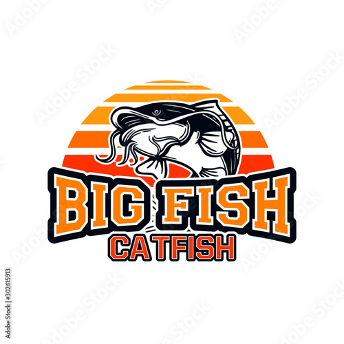 big fish catfish jump with background sun set for logo badge symbol sign fishing club. can also be used on t shirts