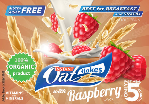 Oat flakes advertising flyer vector illustration with big milk splas. High quality art for ads broshure, poster or label design