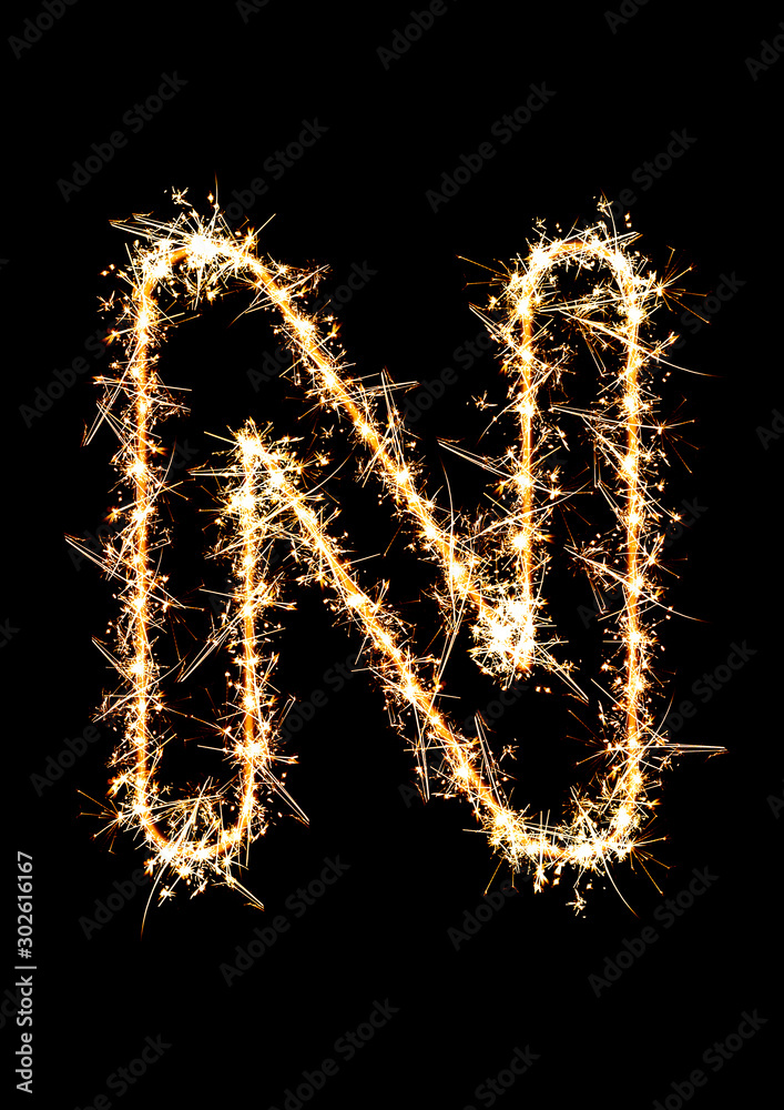 alphabetic letter N burning sparkler, 3D, ILLUSTRATIOn