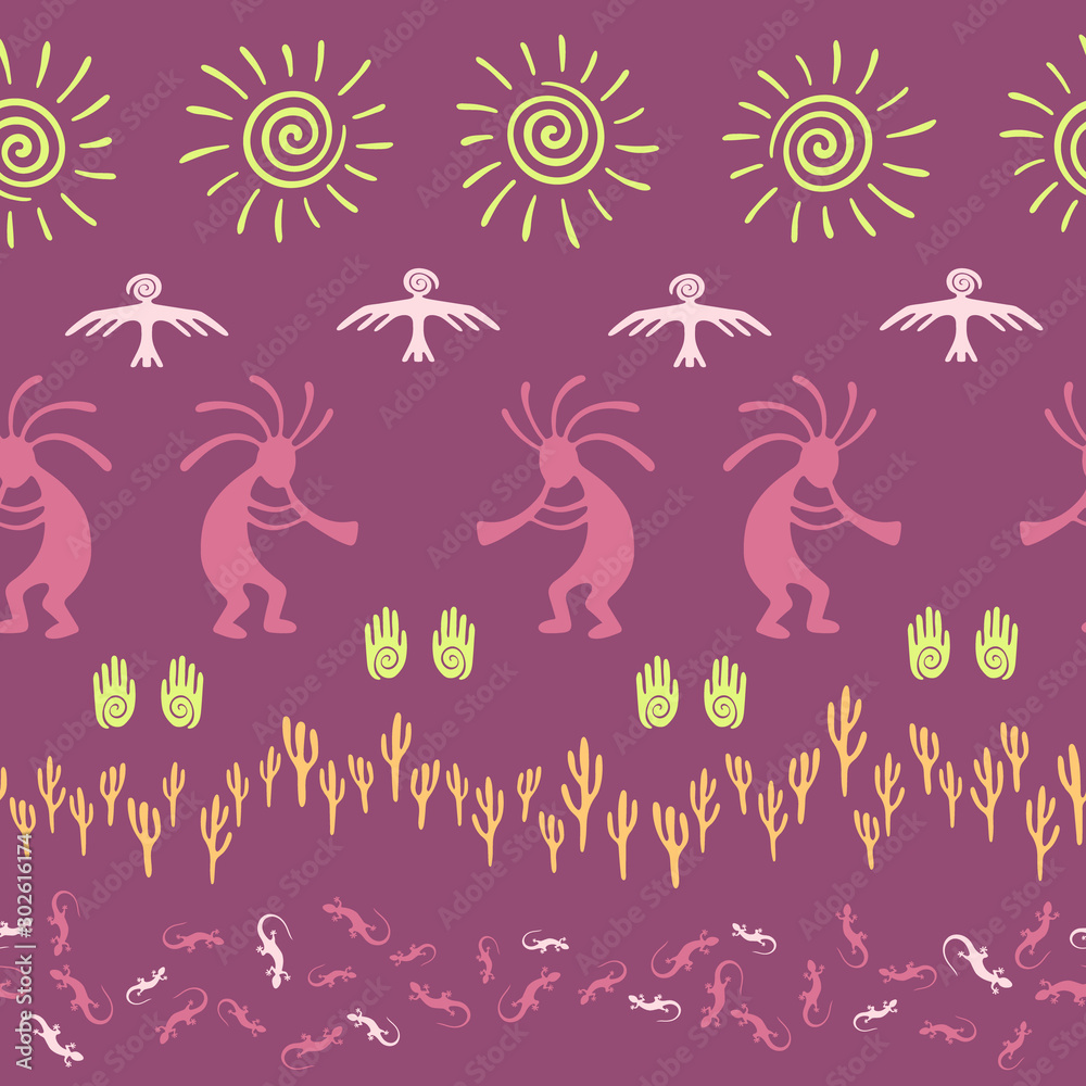 Folk, design with trickster god, swirl icons on human palm, sun, eagle. Folk, design with trickster god, swirl icons on human palm, sun, eagle.