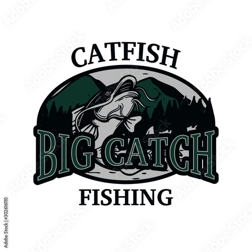 catfish big catch fishing, logo symbol sign badge catfish jump on water in vintage retro style