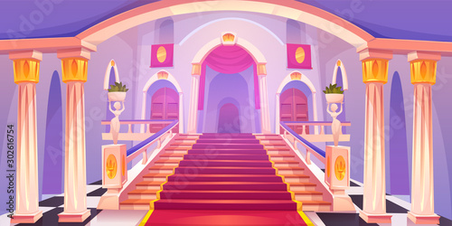 Castle staircase, upward stairs in palace entrance with pillars, statues, red rag and wooden doors, medieval architecture empty fantasy or historical building hall interior Cartoon vector illustration