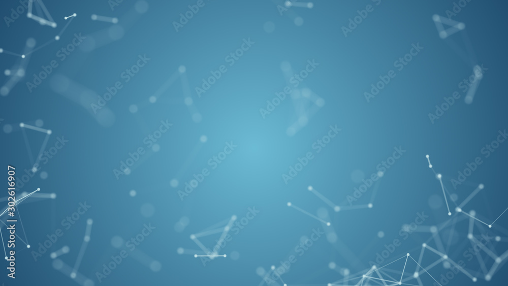 Abstract blue blurred geometry wireframe network and connecting dot in space on blue background. Security of futuristics computer and science concept. Abstract technology concept. 4K graphic design
