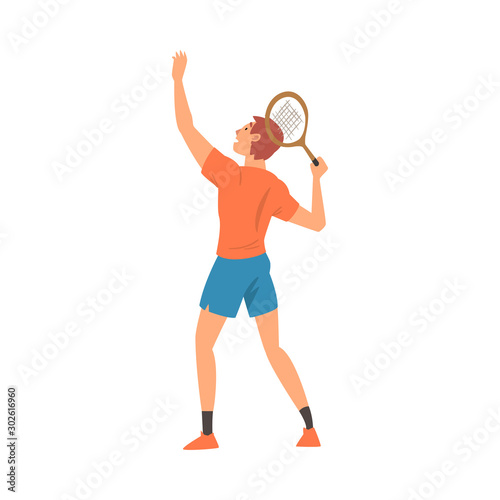Tennis Player with Tennis Racket, Athlete Character in Uniform Taking Part in Competition, View From Behind Vector Illustration © topvectors