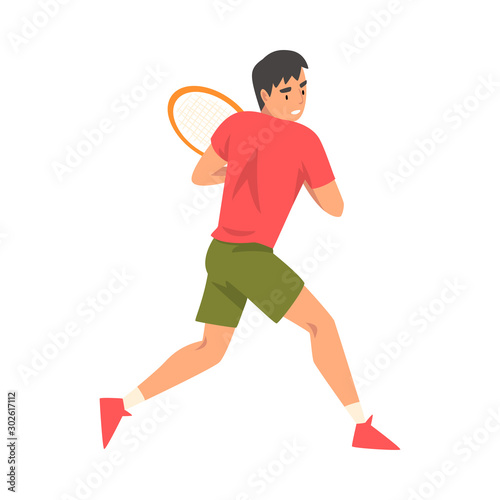 Tennis Player with Racket, Athlete Character in Uniform in Acrion Vector Illustration