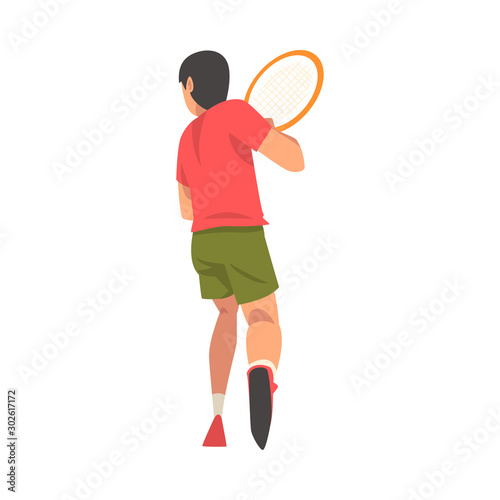 Tennis Player with Racket, Male Athlete Character in Uniform Taking Part in Competition, View From Behind Vector Illustration
