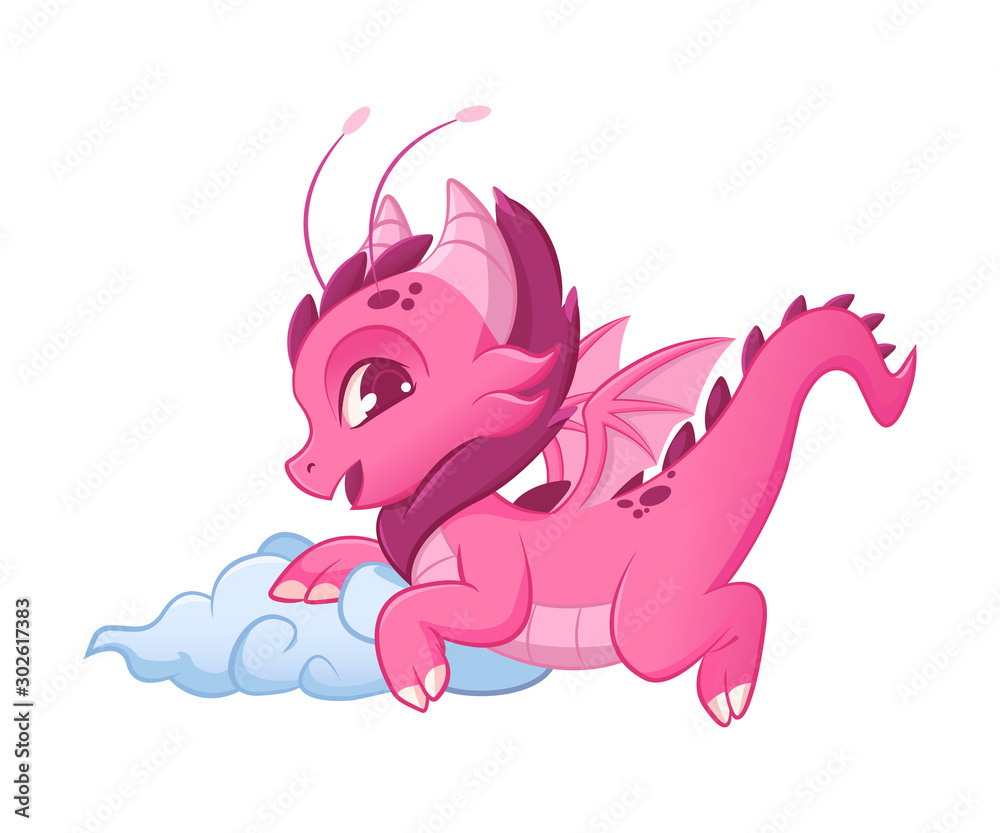 Cute Pink Little Dragon, Adorable Mythological Animal Character Vector Illustration