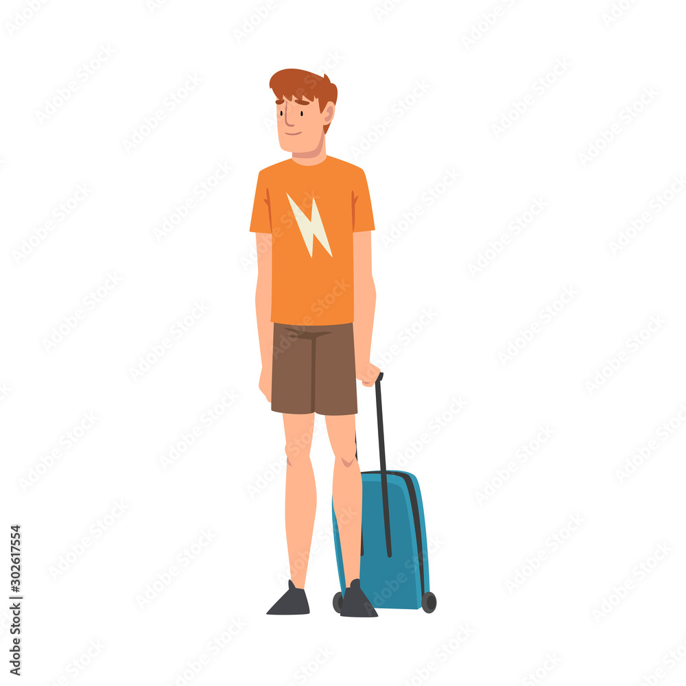 Male Tourist Standing with Suitcase, Guy Traveling on Vacation Vector Illustration Male Tourist Standing with Suitcase, Guy Traveling on Vacation Vector Illustration