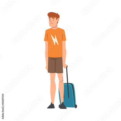Male Tourist Standing with Suitcase, Guy Traveling on Vacation Vector Illustration