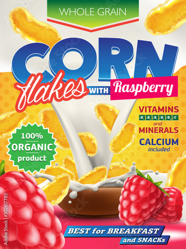 Realistic corn flakes with sweet delicious strawberry ad illustration with big milk splash. High quality art for advertising flyer, poster or label