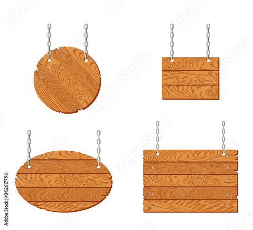 Set of Wooden signboard hanging on chains isolated on white background. Collection of banner from brown old oak planks.Vector illustration of signboard different form in cartoon flat style.