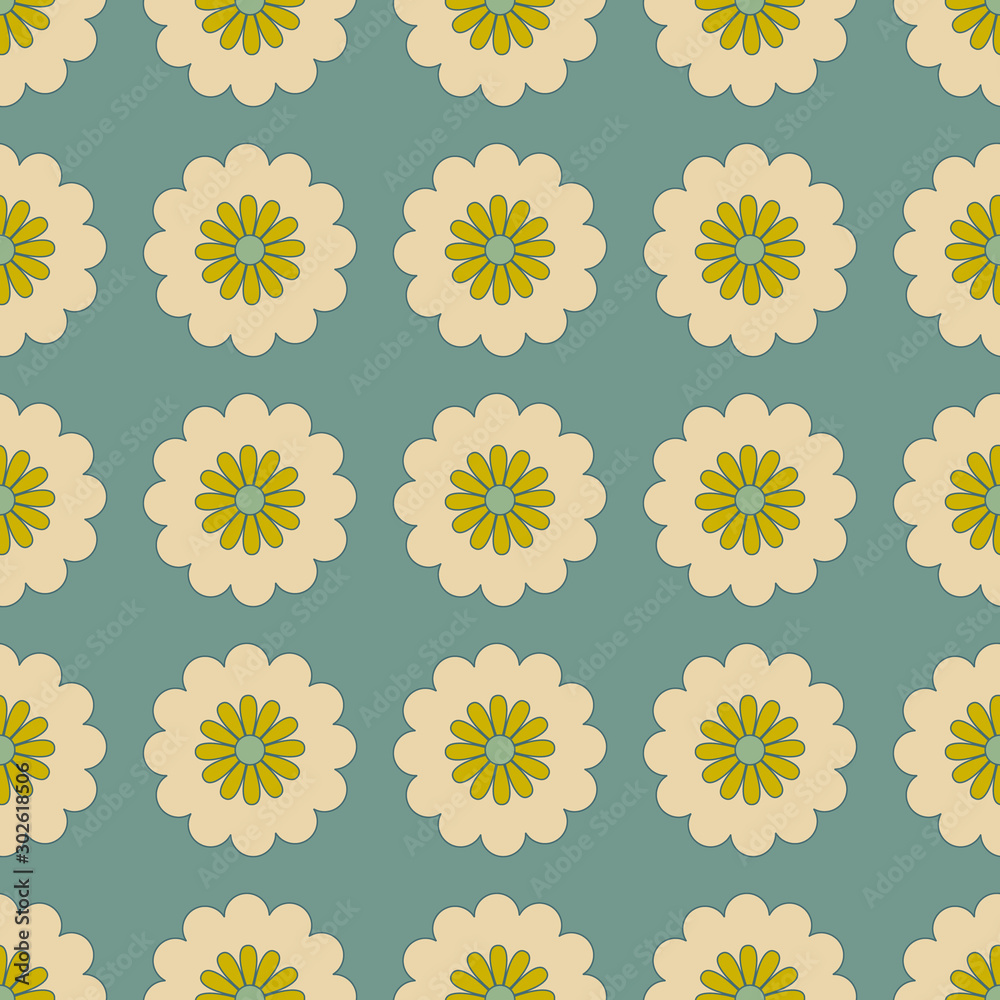 seamless pattern with flowers and leaves in retro scandinavian style