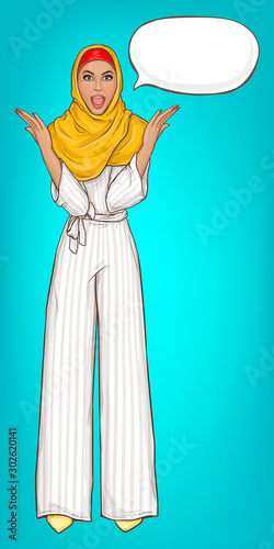 Arabic woman dressed in hijab and striped jumpsuit shocked. Surprised muslim girl in yellow veil with open mouth and raised hands. Vector pop art illustration of muslim lady with speech bubble