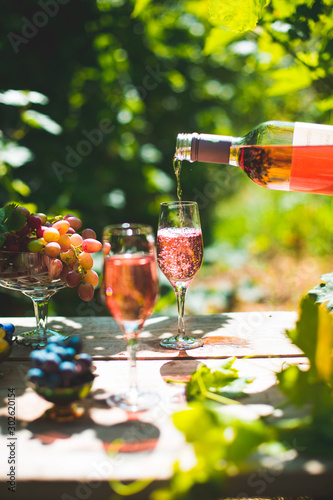 Rose wine tasting, glass of rose wine poured from bottle outdoors in garden party in vineyard, ripe grapes on wooden table, sunlight, harvest time, copy space