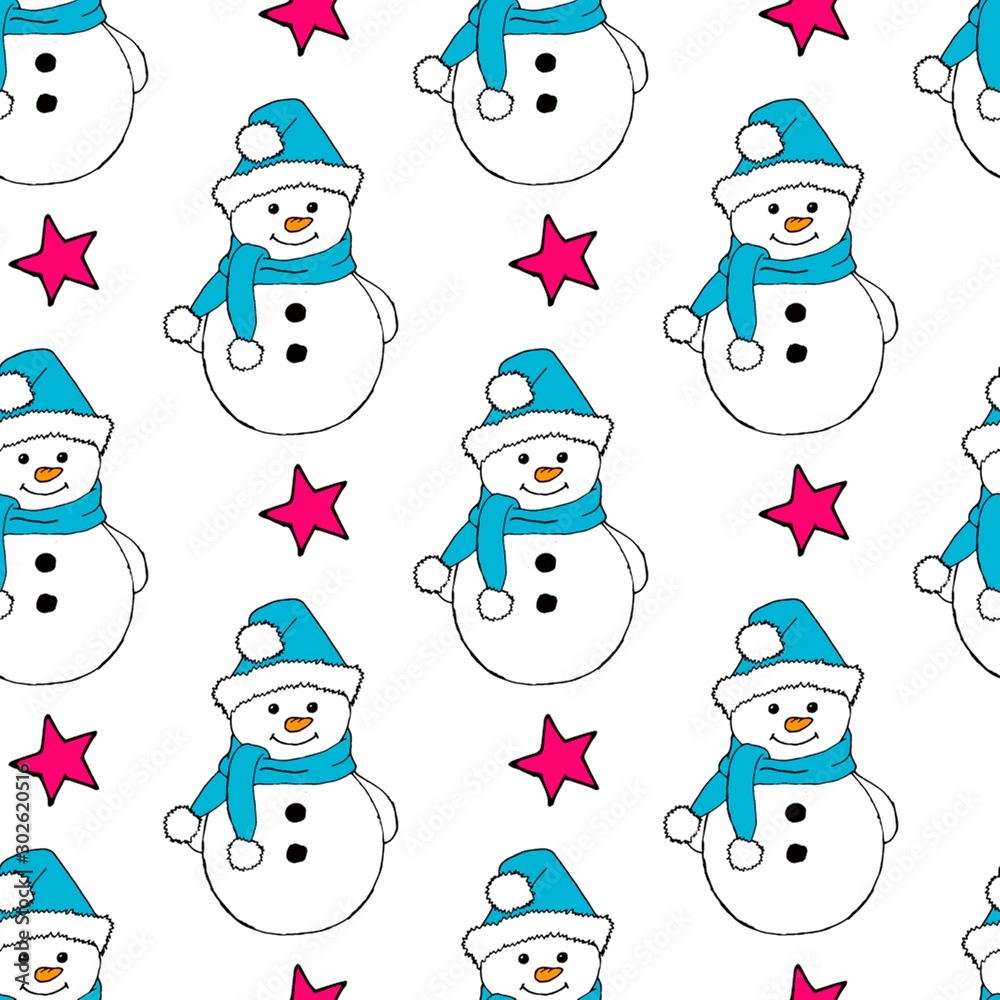 Christmas seamless pattern with snowman, fir trees and snowflakes. Perfect for wallpaper, wrapping paper, pattern fills, winter greetings, web page background