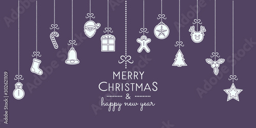 Design of Christmas banner with wishes and hand drawn ornaments. Vector.