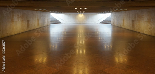 Perspective View of Empty Underground Tunnel Hallway, Pavement, Walkway in Vintage Design LED Light Ceiling Pattern and Ground Flooring Square Brick Pattern Texture Background for mock up