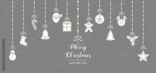 Christmas decoration with wishes and hanging hand drawn elements. Vector.