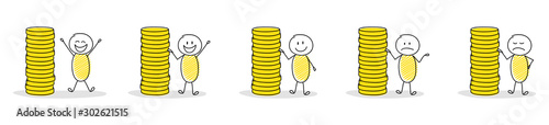 Collection of cartoon people with coin stacks. Vector