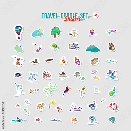 Summer holidays, ocean travel, mountain trip. Vector Set for summer time vacation. Set of stickers with sketch design element summer theme. Hand drawn doodle stickers with adventure objects